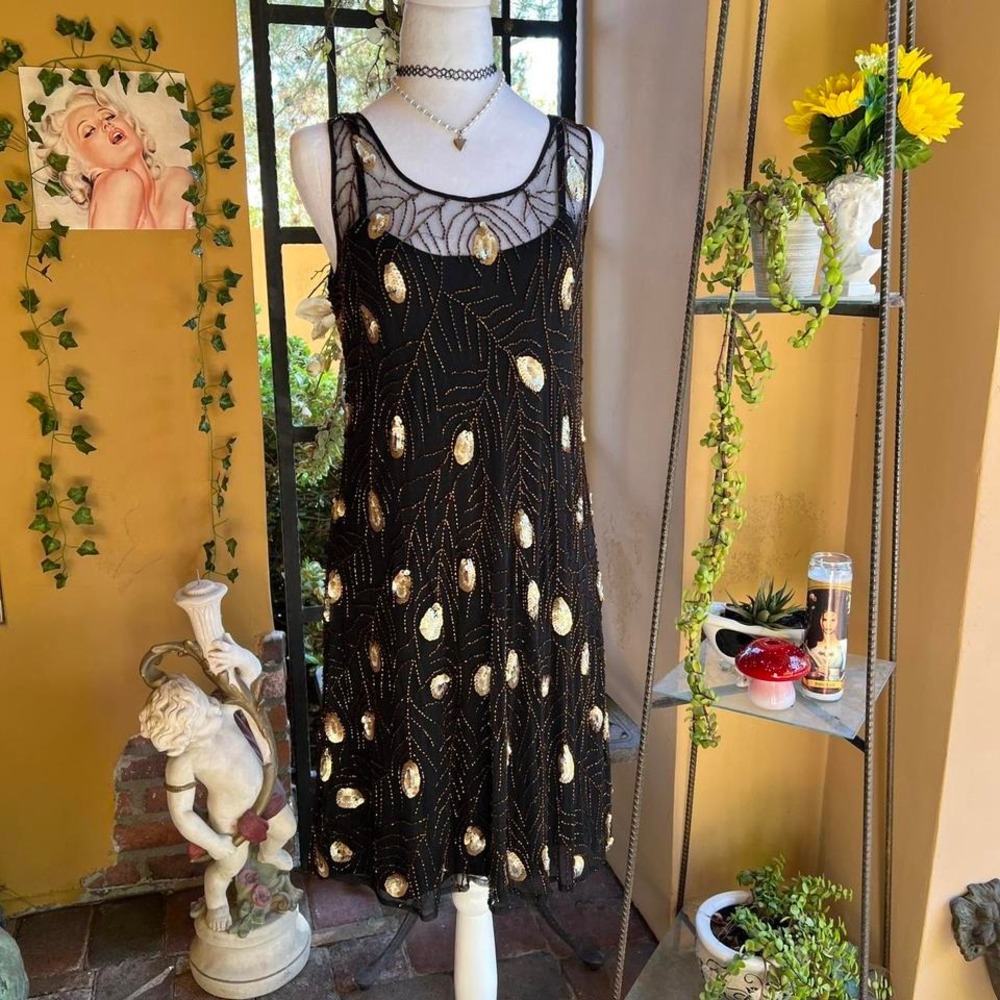 black gold beaded flapper dress
